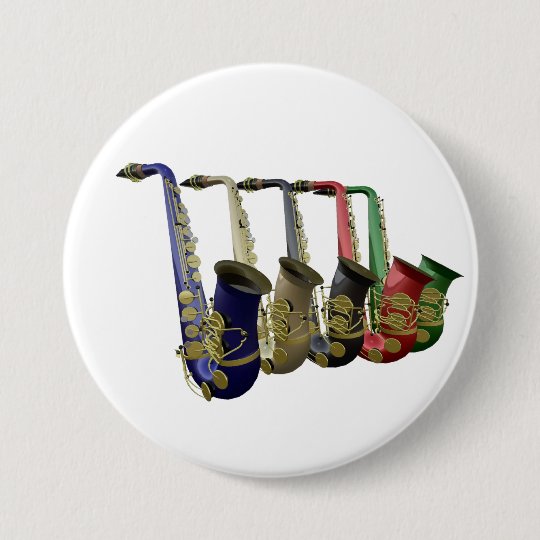 Five Colourful Saxophones Button Badge Name Tag