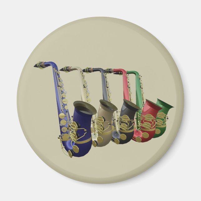 Five Colourful Saxophones In A Line Magnet (Front)