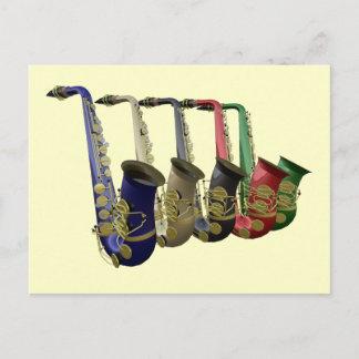 Five Colourful Saxophones In A Line Postcard