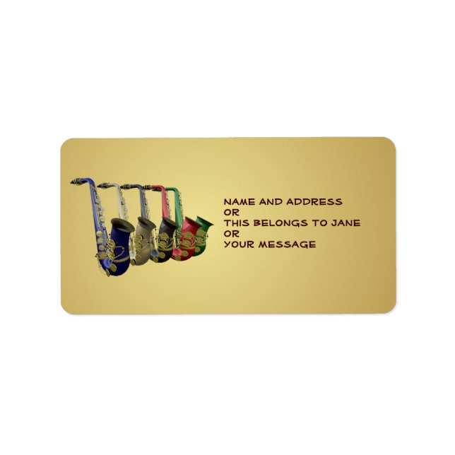 Five Colourful Saxophones Name Gift Tag Bookplates (Front)