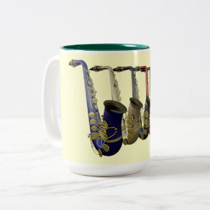 Five Colourful Saxophones Two-Tone Coffee Mug