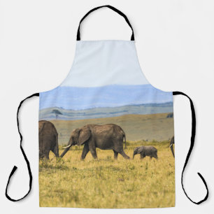 FIVE ELEPHANTS ON BROWN GRASS APRON