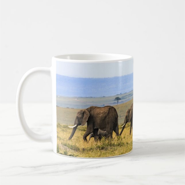FIVE ELEPHANTS ON BROWN GRASS COFFEE MUG (Left)