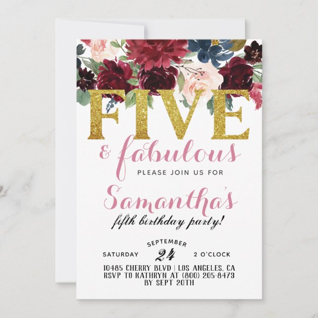 Five & Fabulous Girls Birthday Invitation (Front)