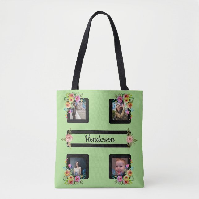 Five Frame Flowers on Lime Tote Bag (Front)