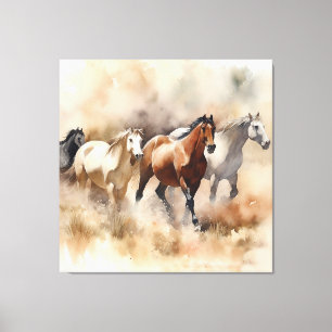 “Five Galloping Mustangs” Dusty Western Watercolou Canvas Print
