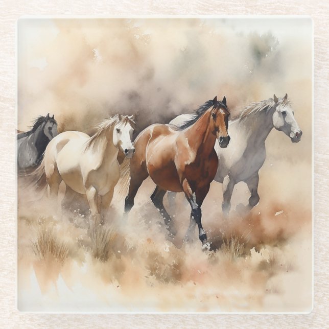 “Five Galloping Mustangs” Dusty Western Watercolou Glass Coaster (Front)