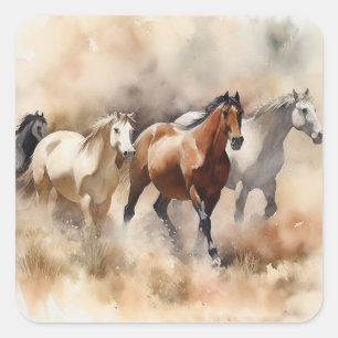 “Five Galloping Mustangs” Dusty Western Watercolou Square Sticker