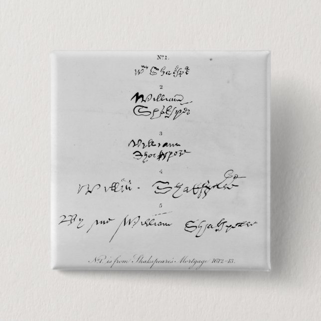Five Genuine Autographs of William Shakespeare 15 Cm Square Badge (Front)