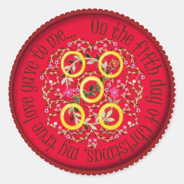 Five gold rings classic round sticker (Front)