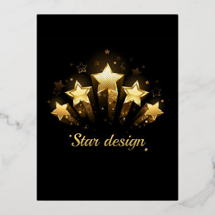 Five gold stars on black foil holiday postcard