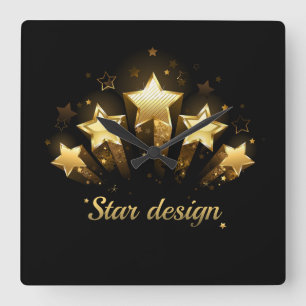Five gold stars on black square wall clock