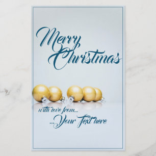 Five golden christmas balls - blue writing