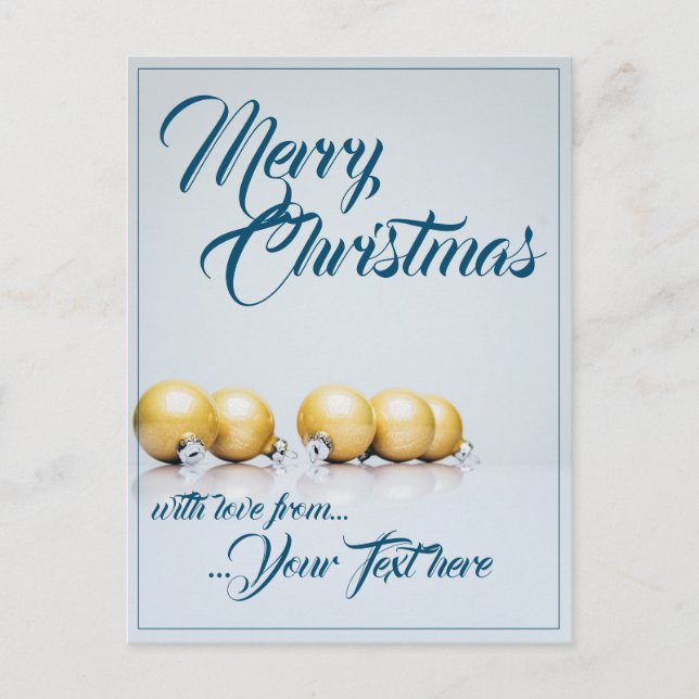 Five golden christmas balls - blue writing holiday postcard (Front)