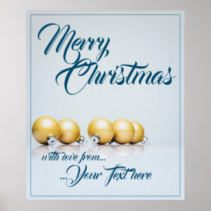 Five golden christmas balls - blue writing poster