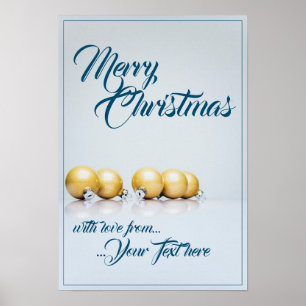 Five golden christmas balls - blue writing poster