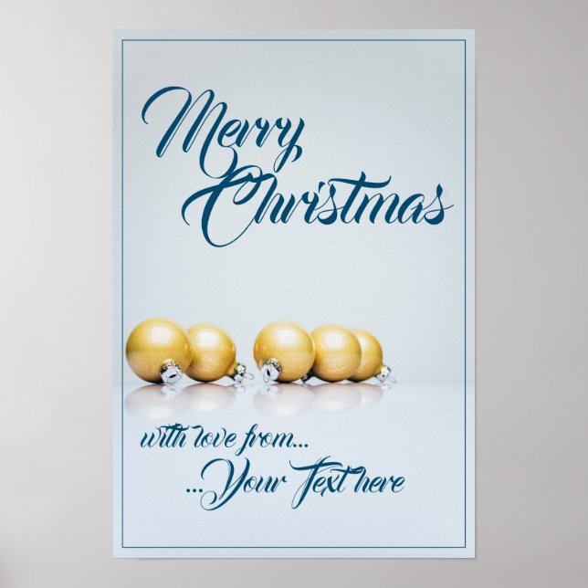 Five golden christmas balls - blue writing poster (Front)