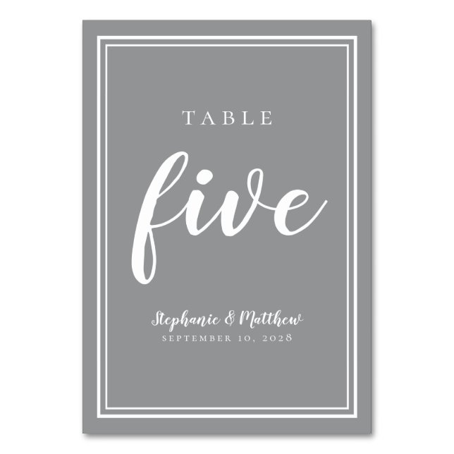 Five Grey & White Simple Wedding Table Number (Front)