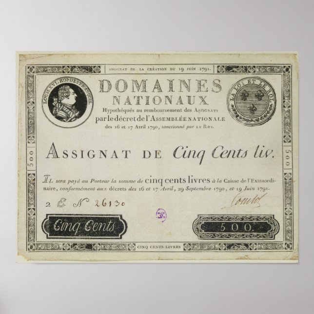 Five hundred livres banknote, 19th June 1791 Poster (Front)