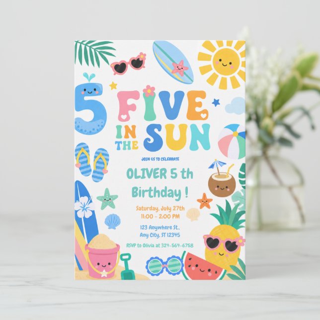 Five in the Sun 5th Birthday Party Invitation (Standing Front)