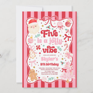 Five Is A Jolly Vibe Christmas Bow 5th Birthday Invitation