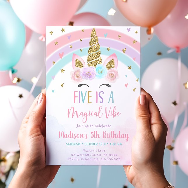 Five Is A Magical Vibe Unicorn 5th Birthday Invitation (Creator Uploaded)