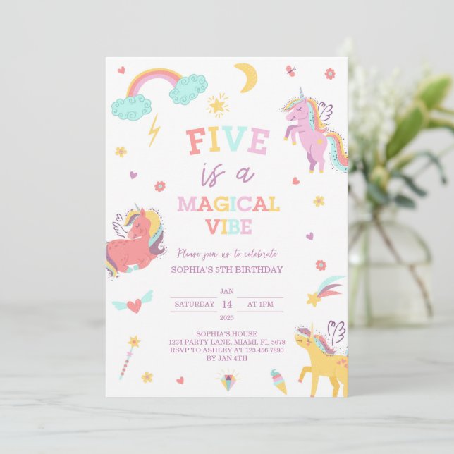 Five is a Magical Vibe Unicorn 5th Birthday  Invitation (Standing Front)