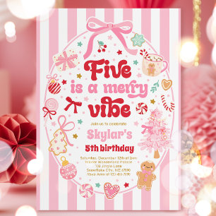 Five Is A Merry Vibe Christmas Bow 5th Birthday Invitation