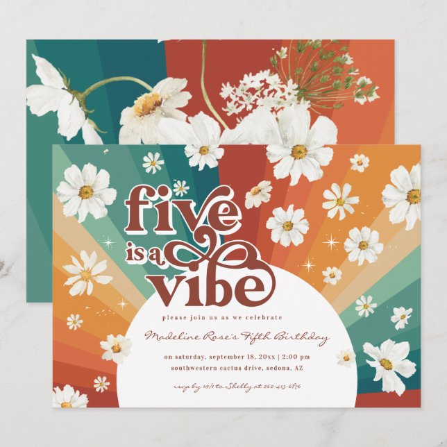 Five is a Vibe 5th Birthday | Retro Daisy Rainbow Invitation (Front/Back)