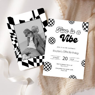 Five is a Vibe Black Retro Boys 5th Birthday Invitation