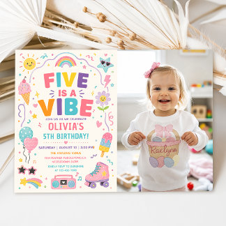 Five Is a Vibe Colourful Birthday Photo Invitation