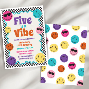 Five is a Vibe Colourful Retro Smiles Birthday Invitation