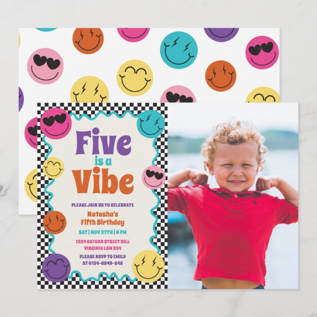 Five is a Vibe Colourful Smiles Photo Birthday Invitation (Front/Back)