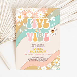 Five is a Vibe Daisy Hippie Groovy Retro Birthday Invitation