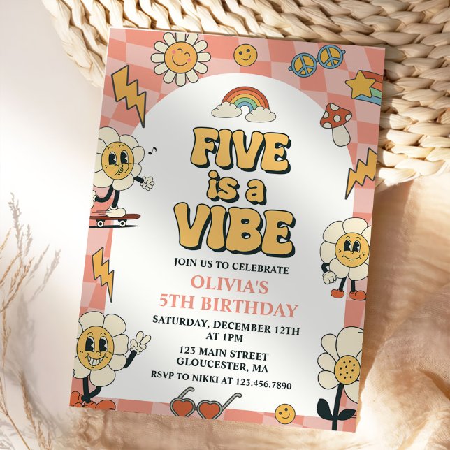 Five is a Vibe Daisy & Retro Van Pink 5th Birthday Invitation (Creator Uploaded)