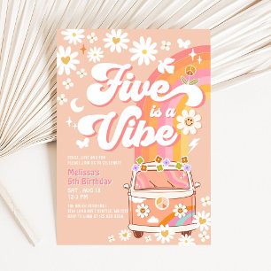 Five is A Vibe Girl Pink Peach Groovy 5th Birthday Invitation