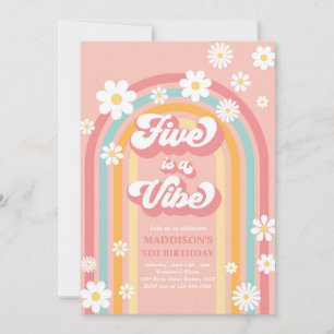 Five Is A Vibe Groovy Daisy Rainbow 5th Birthday Invitation