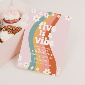 Five is a Vibe groovy daisy rainbow 5th birthday Invitation