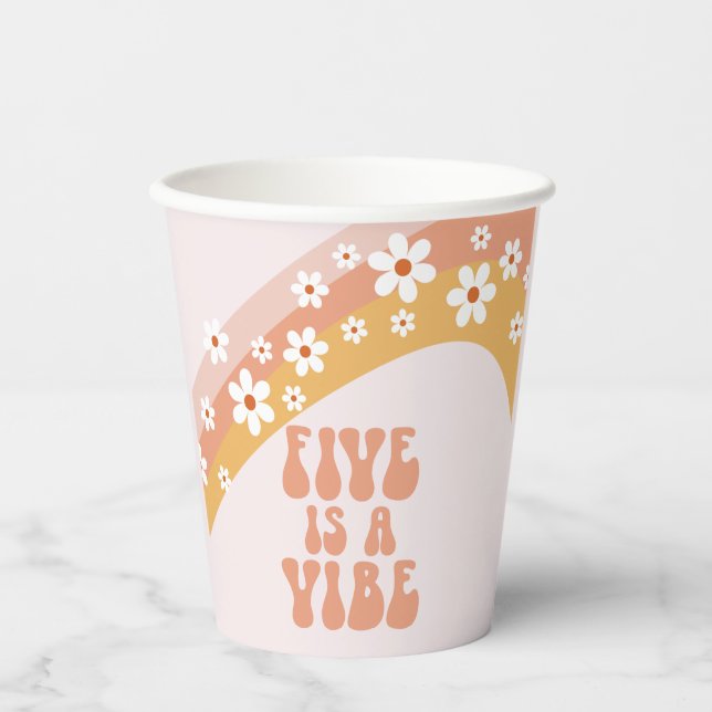 Five is a Vibe Groovy Retro Daisy Boho Rainbow Paper Cups (Front)