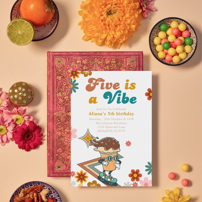 Five is a Vibe groovy skateboard 5th birthday Invitation (Creator Uploaded)