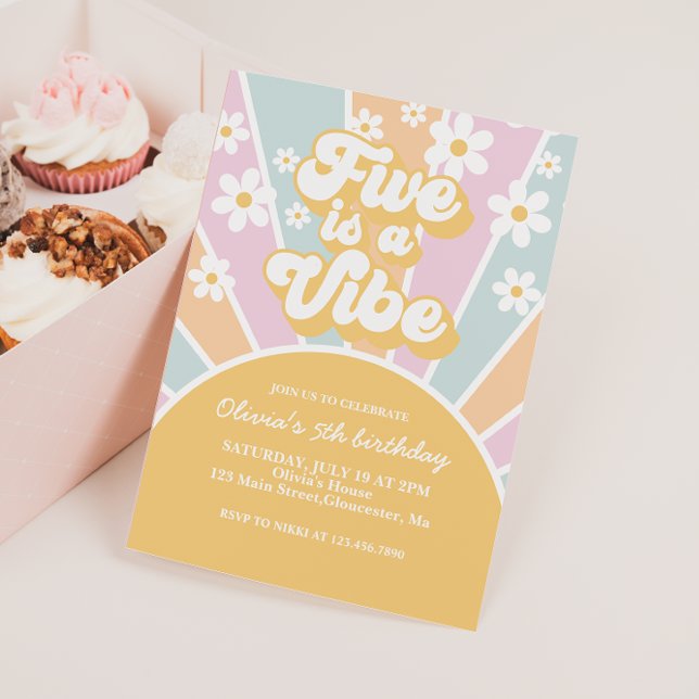 Five is a Vibe Pastel Retro Sunshine daisy Invitation (Creator Uploaded)