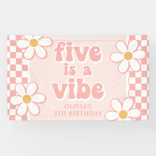 Five is a Vibe Pink Daisy Chequered Banner (Horizontal)