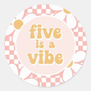 Five is a Vibe Pink Daisy Chequered Classic Round Sticker