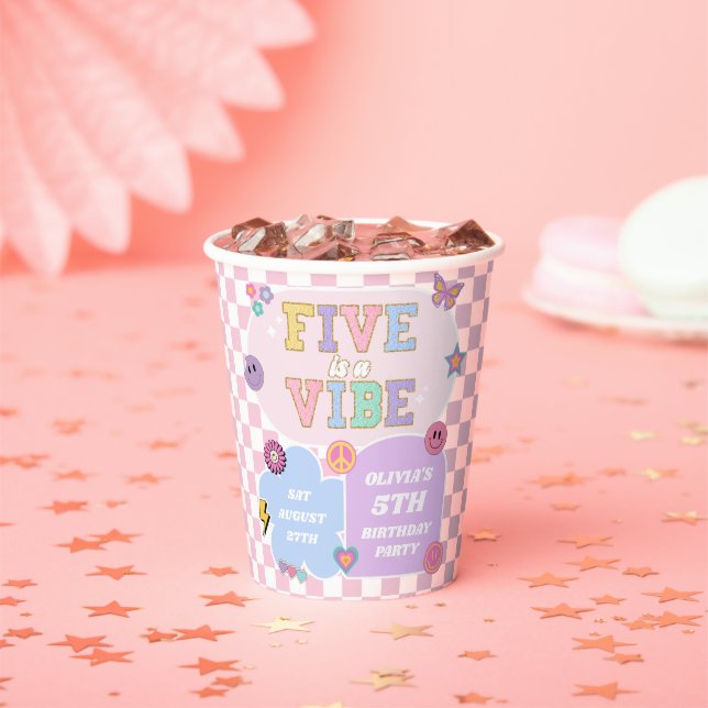 Five Is A Vibe Preppy Patch 5th Birthday Party Paper Cups (Insitu)