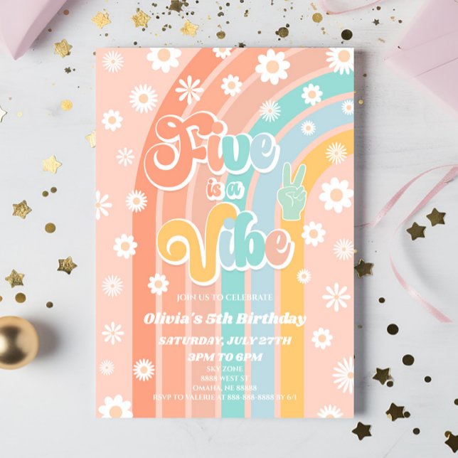 Five Is A Vibe Rainbow Daisy 5th Birthday Party Invitation (Creator Uploaded)