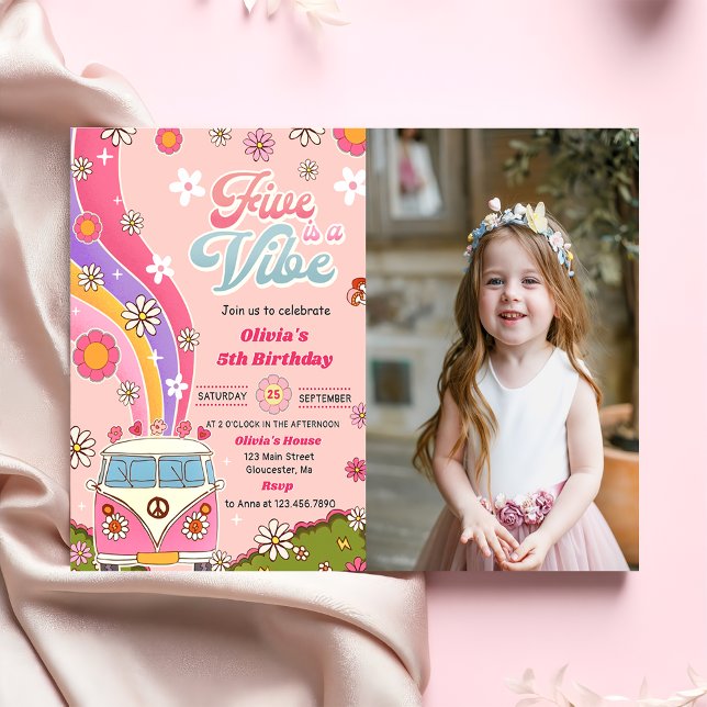 Five is a Vibe Rainbow Floral 5th Birthday Photo Invitation (Creator Uploaded)