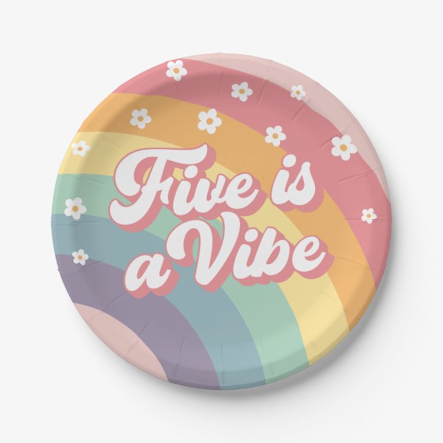Five is a Vibe Retro 70s Rainbow Daisy Birthday  Paper Plate (Front)