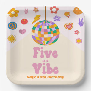 Five Is A Vibe Retro Disco Ball 5th Birthday Party Paper Plate