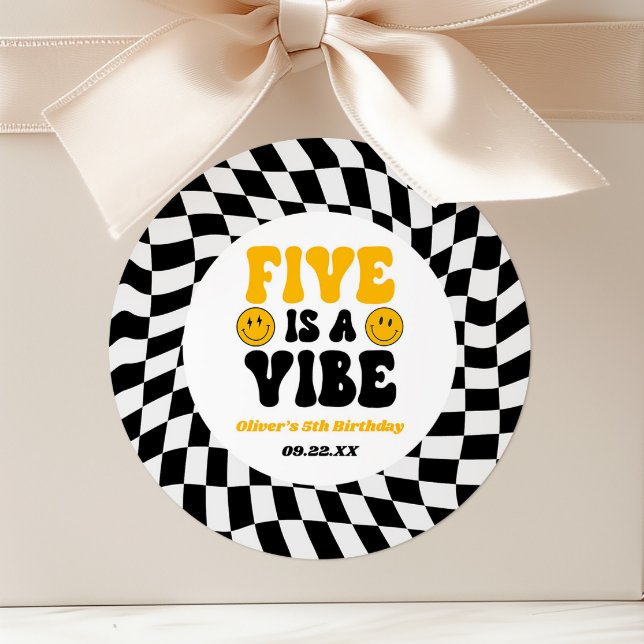 Five Is A Vibe Retro Fifth 5th Birthday Party Classic Round Sticker (Creator Uploaded)