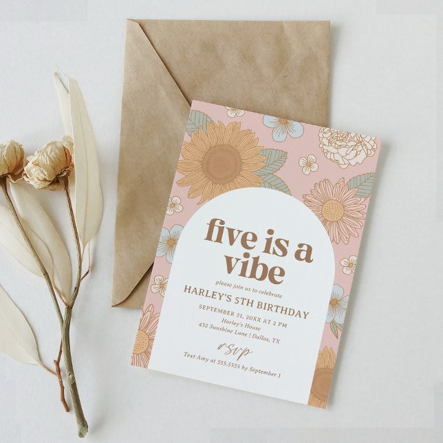 Five is a Vibe Retro Floral 5th Birthday Invitation (Creator Uploaded)